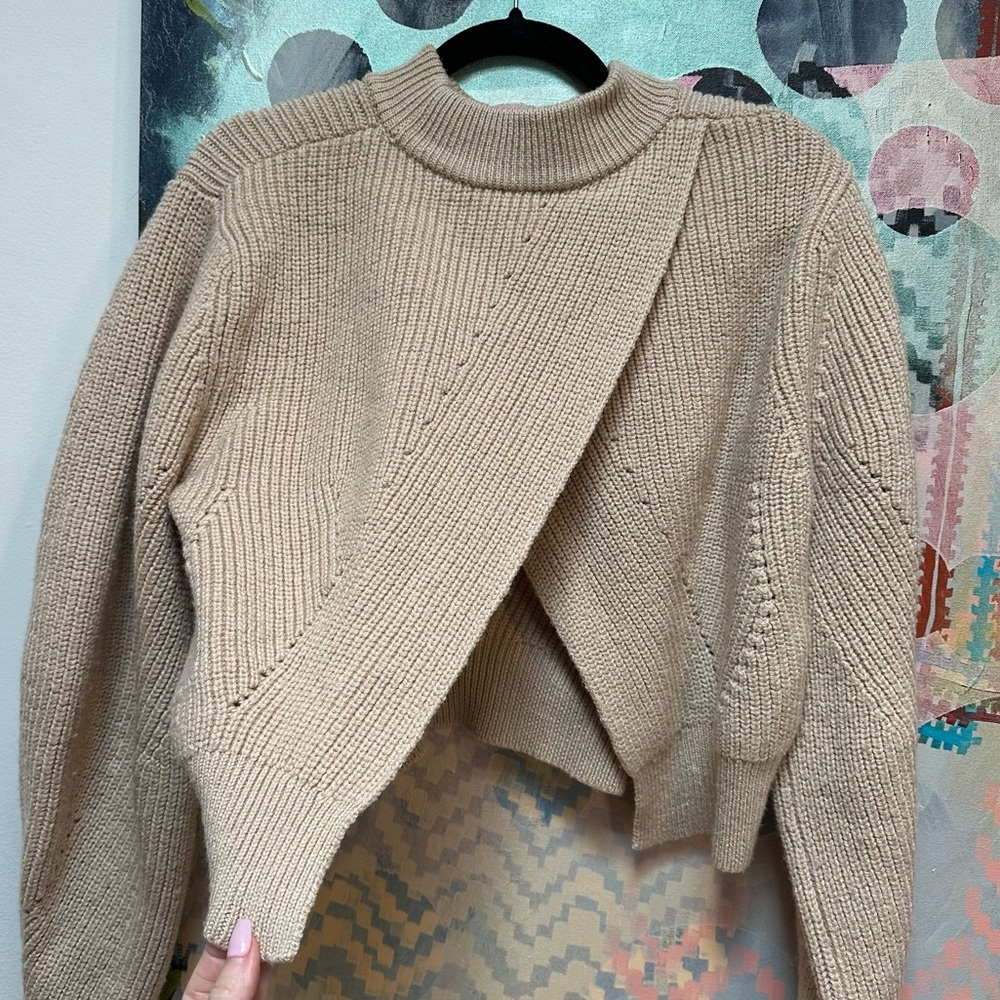 DKNY Merino Wool Cropped Open Back Puffed Sleeves Chunky Sweater Beige